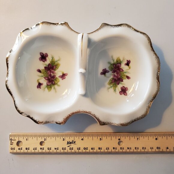 VTG Lipper & Mann Victorian Divided Candy Nut Dish Hand Painted Violet Porcelain - Picture 10 of 11